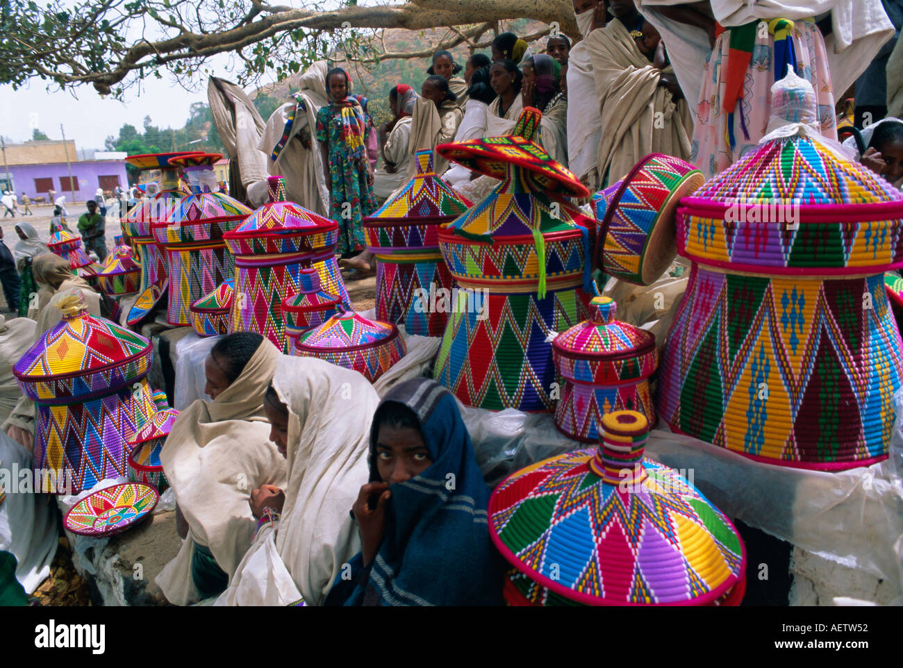 Basket work market Axoum Axum Aksum Tigre region Ethiopia Africa Stock Photo