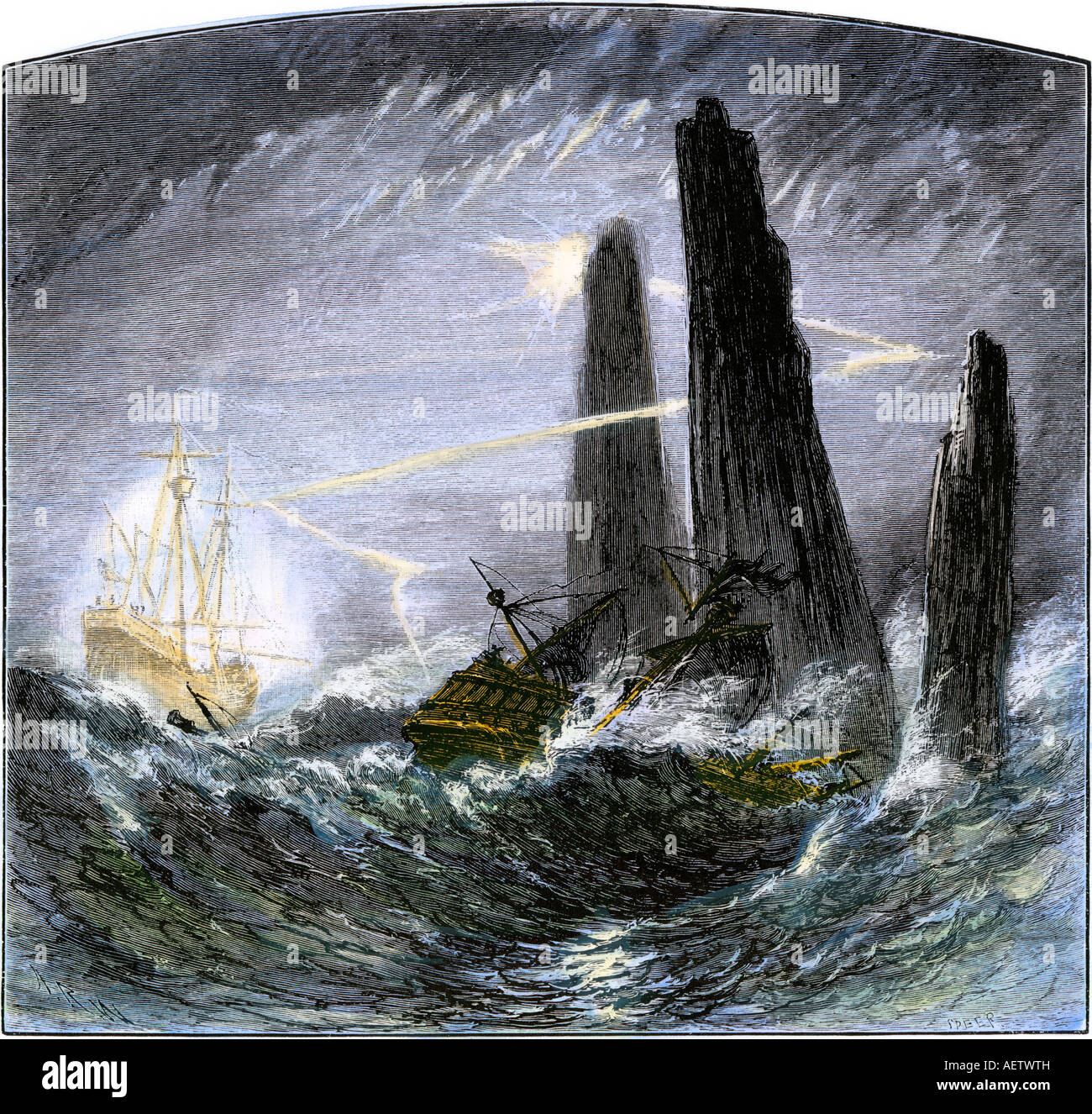 Phantom ship luring a sailing vessel to its doom on the rocks. Hand-colored woodcut Stock Photo