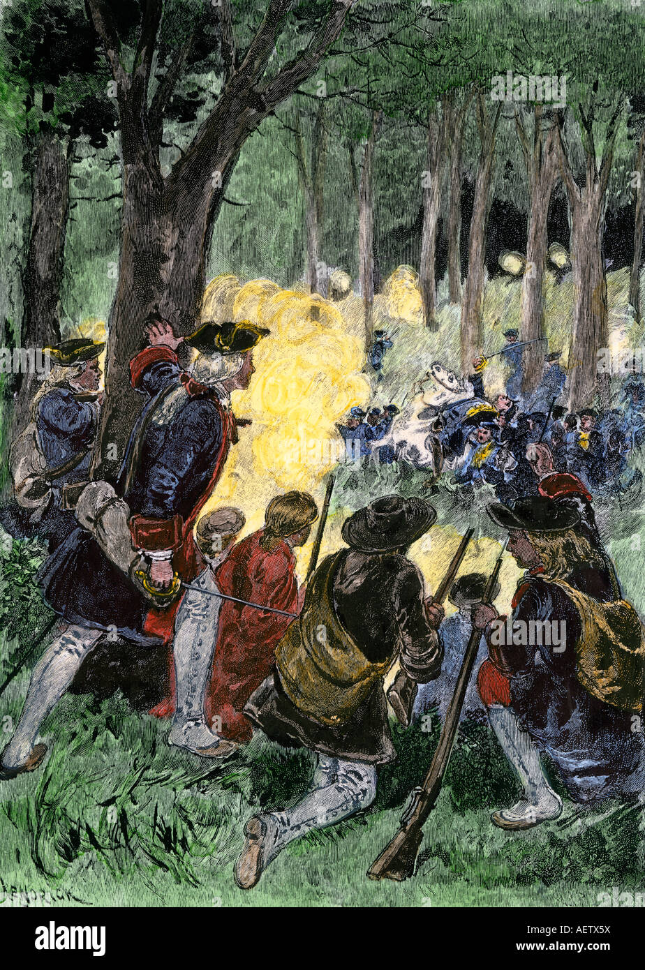 Colonel George Washington attacks French forces in a ravine French and Indian War. Hand-colored woodcut Stock Photo
