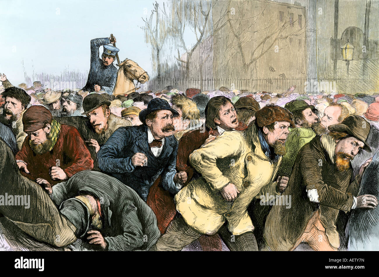 Communist workers driven from a demonstration by mounted police in Tompkins Square New York City 1871. Hand-colored woodcut Stock Photo