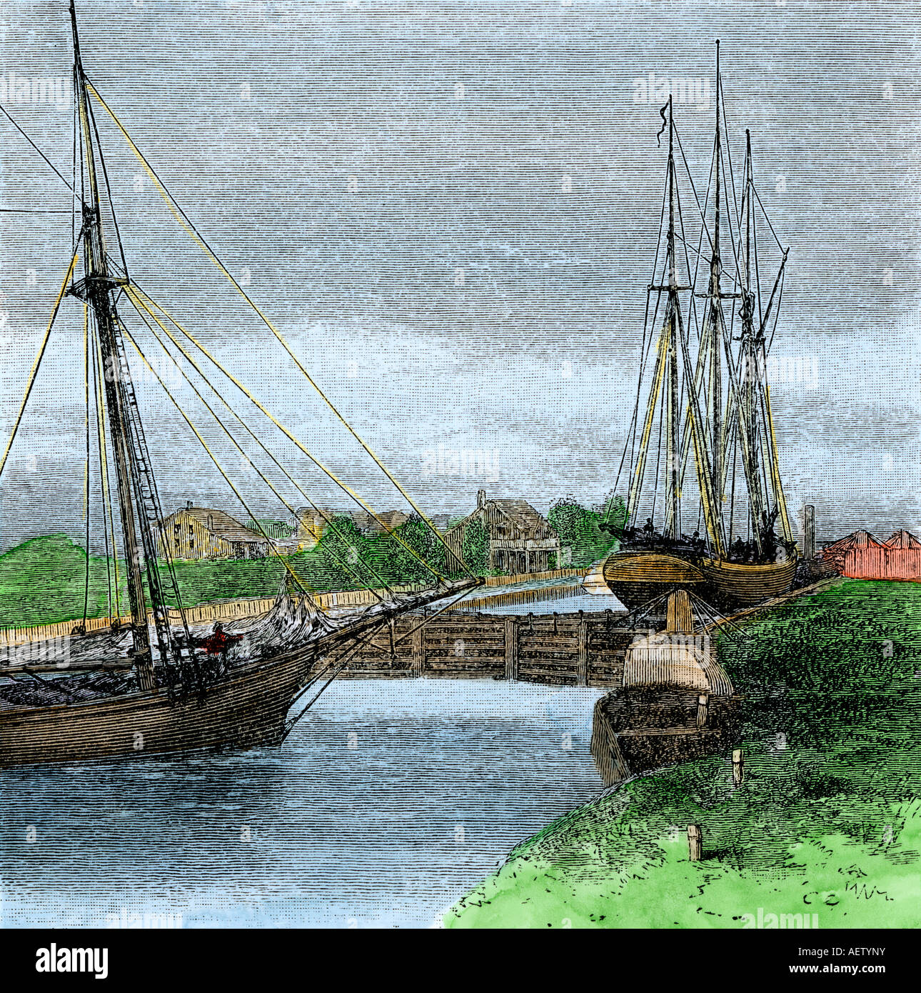 Sault Sainte Marie Canal lock connecting Lakes Superior and Huron 1880s. Hand-colored woodcut Stock Photo