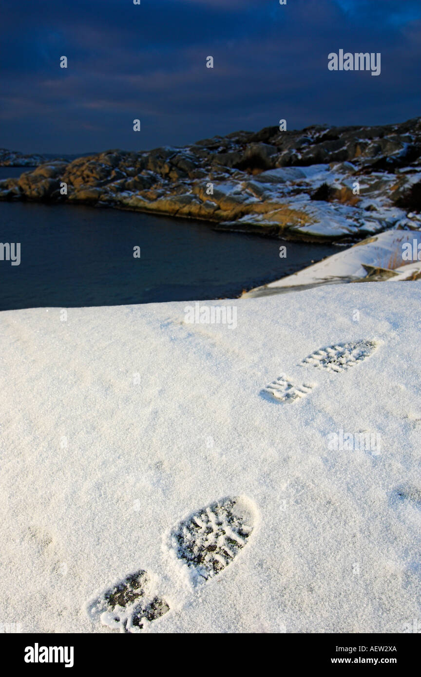 Footprints in the snow. Stock Photo