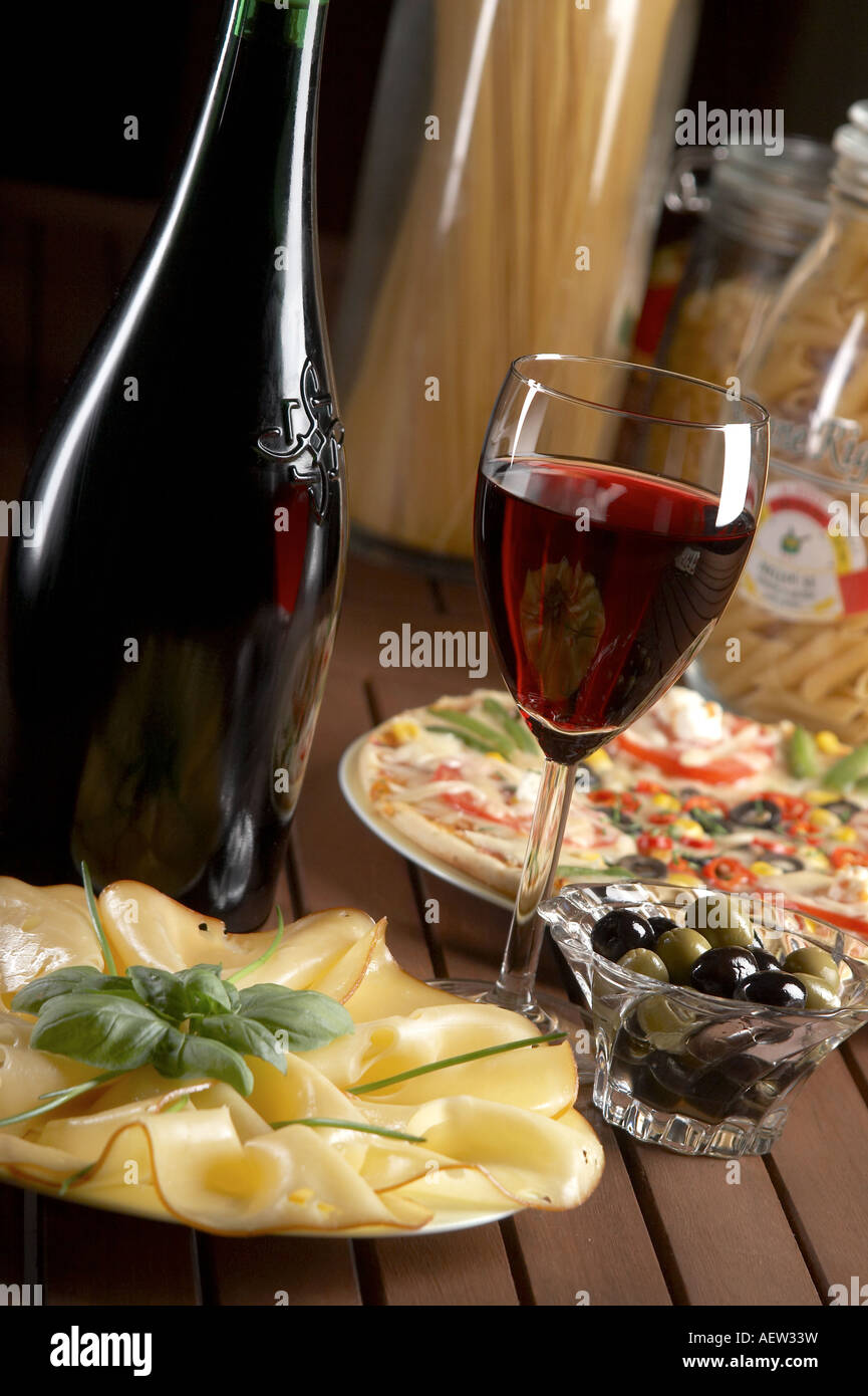 still life with red wine and cheese Stock Photo