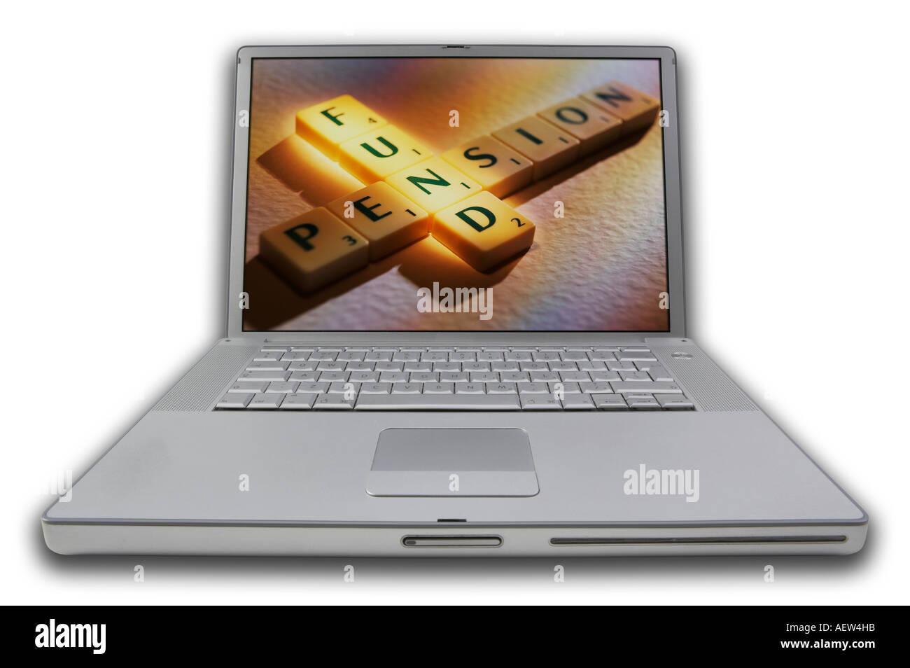 LAP TOP COMPUTER WITH SCRABBLE LETTERS ON SCREEN SPELLING WORDS PENSION FUND Stock Photo