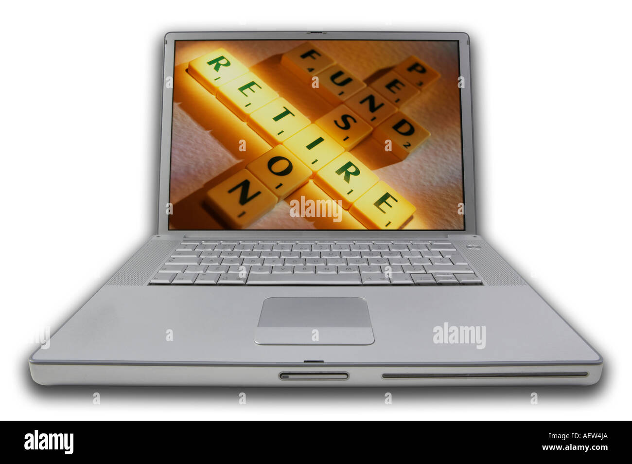 LAP TOP COMPUTER WITH SCRABBLE LETTERS ON SCREEN SPELLING WORDS PENSION FUND RETIRE Stock Photo