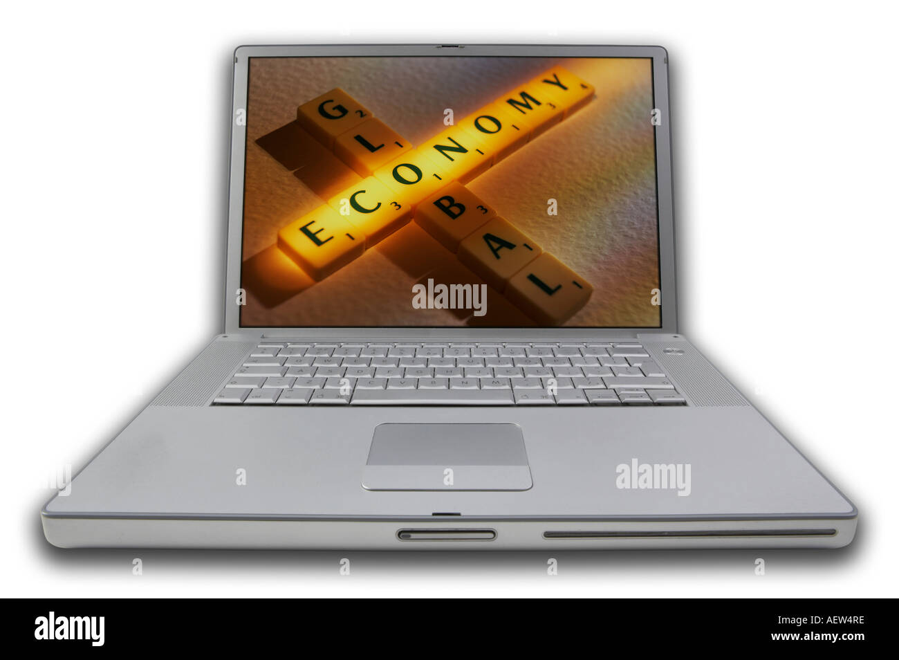 LAP TOP COMPUTER WITH SCRABBLE LETTERS ON SCREEN SPELLING WORDS GLOBAL ECONOMY Stock Photo