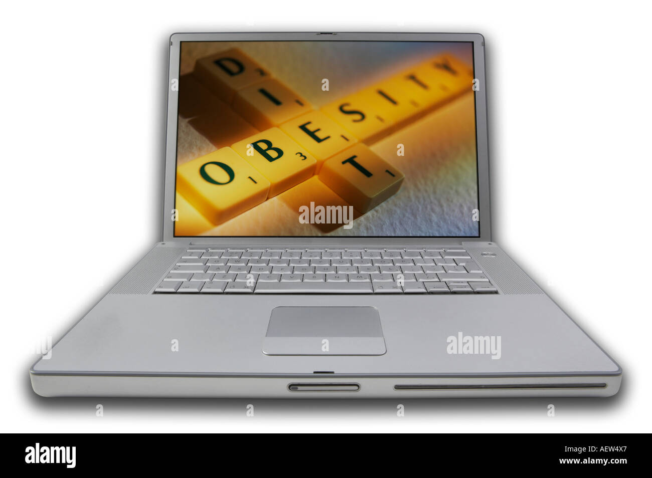LAP TOP COMPUTER WITH SCRABBLE LETTERS ON SCREEN SPELLING WORDS OBESITY ...