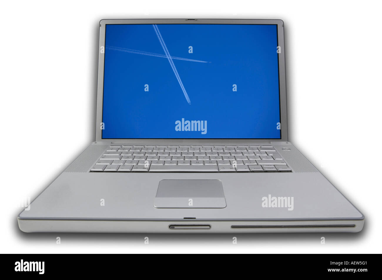 LAP TOP NOTE BOOK PERSONAL COMPUTER DISPLAYING PICTURE OF JET AIRLINER IN BLUE SKY ON SCREEN Stock Photo