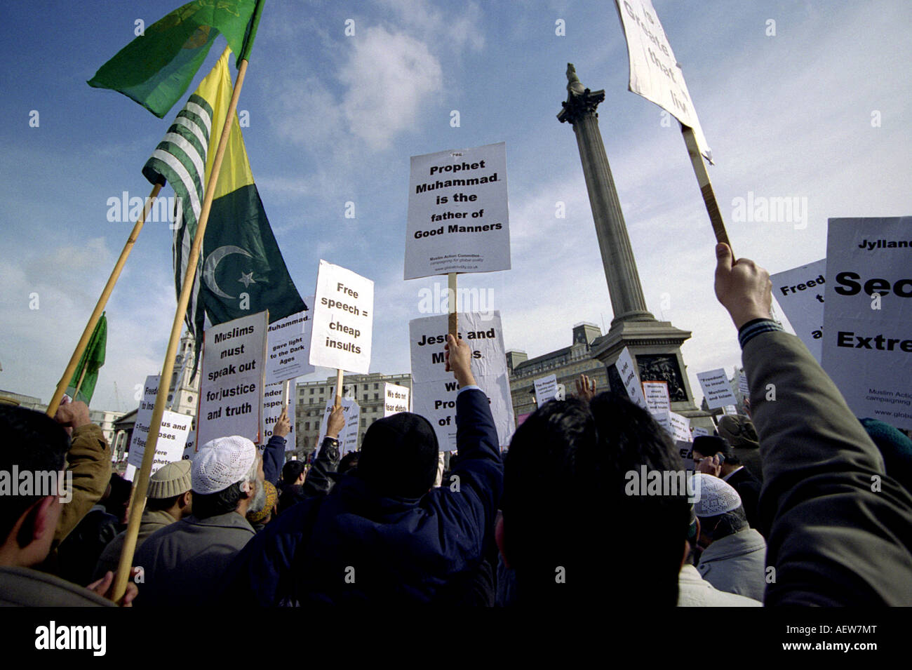 British Muslims protesting in Trafalgar Square over the depiction of The Prophet Mohammad in a Danish Cartoon. Stock Photo