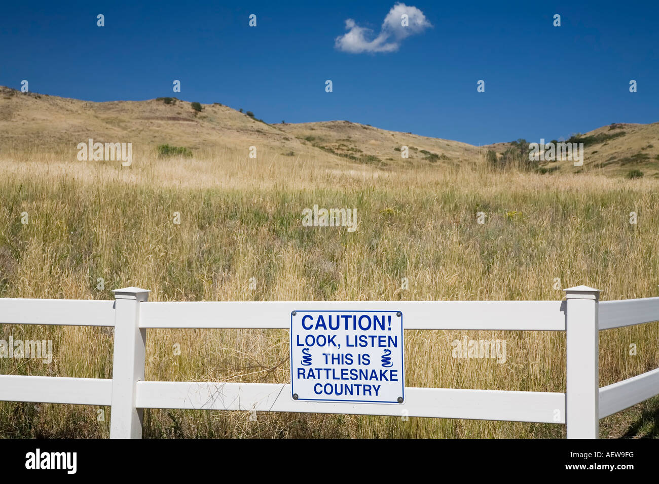Golden Colorado A sign warns of rattlesnakes outside the National Renewable Energy Laboratory Stock Photo