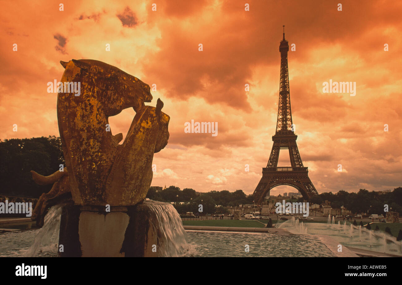 France Paris Eiffel tower sepia horse sculture  Stock Photo