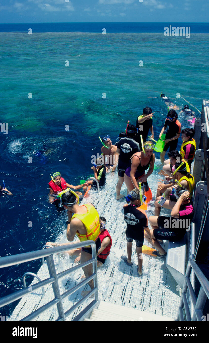 Australia Queensland Great Barrier Reef snorklers in cristal clear water diving platform Stock Photo