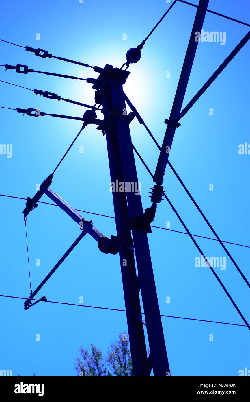 Train overhead electricity power supply pylon Stock Photo Alamy