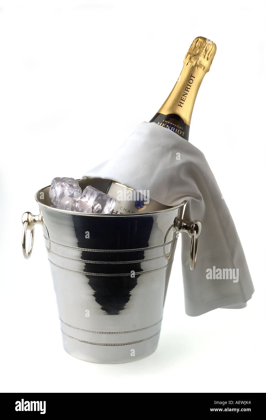 Champagne wine in a cooler bucket with ice. Stock Photo