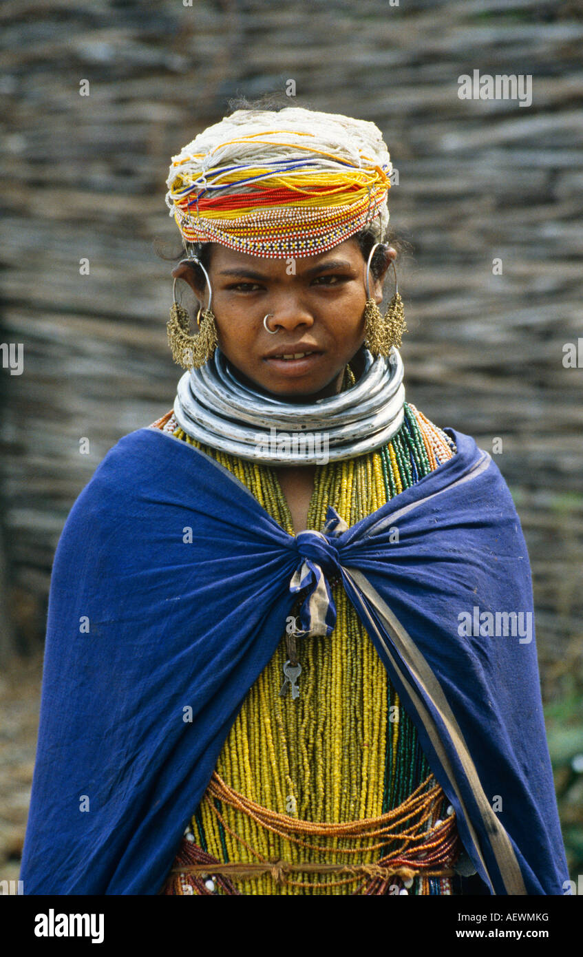 Bonda Tribal Woman Wearing Beaded Headdress And Metal Bands Around Neck   Bonda Tribal Woman Wearing Beaded Headdress And Metal Bands Around AEWMKG 