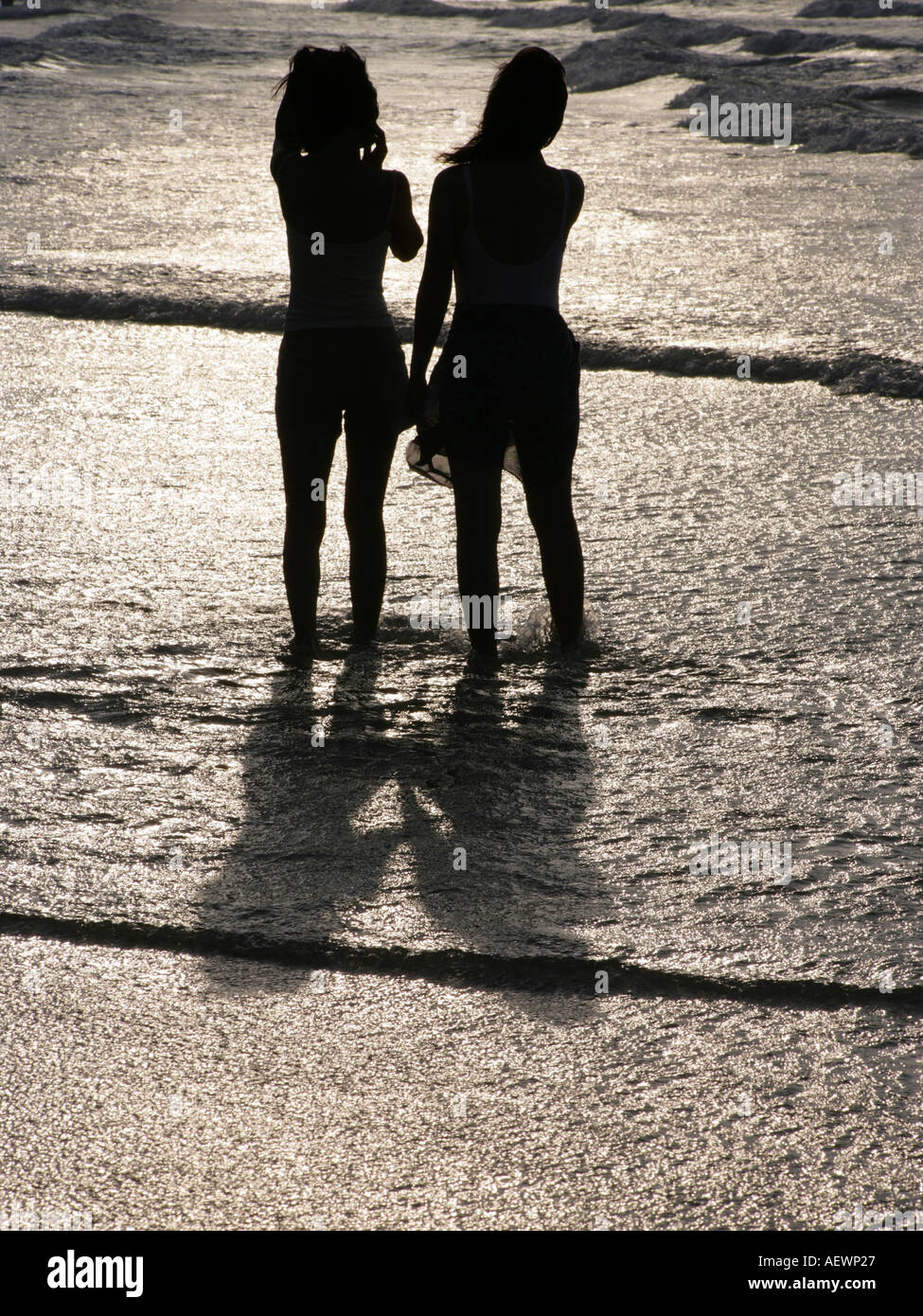 Rear view of two young women standing on the beach Stock Photo - Alamy