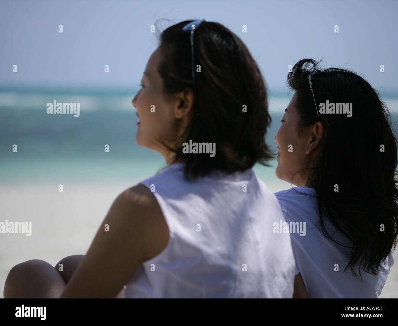 Rear view of two young women sitting on the beach Stock Photo - Alamy