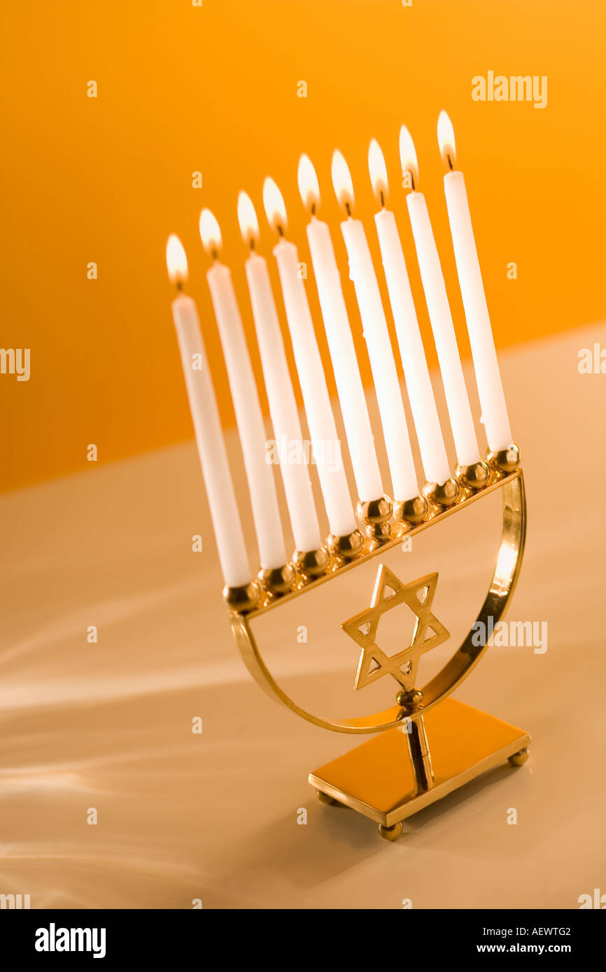 A fully lit menorah Stock Photo Alamy