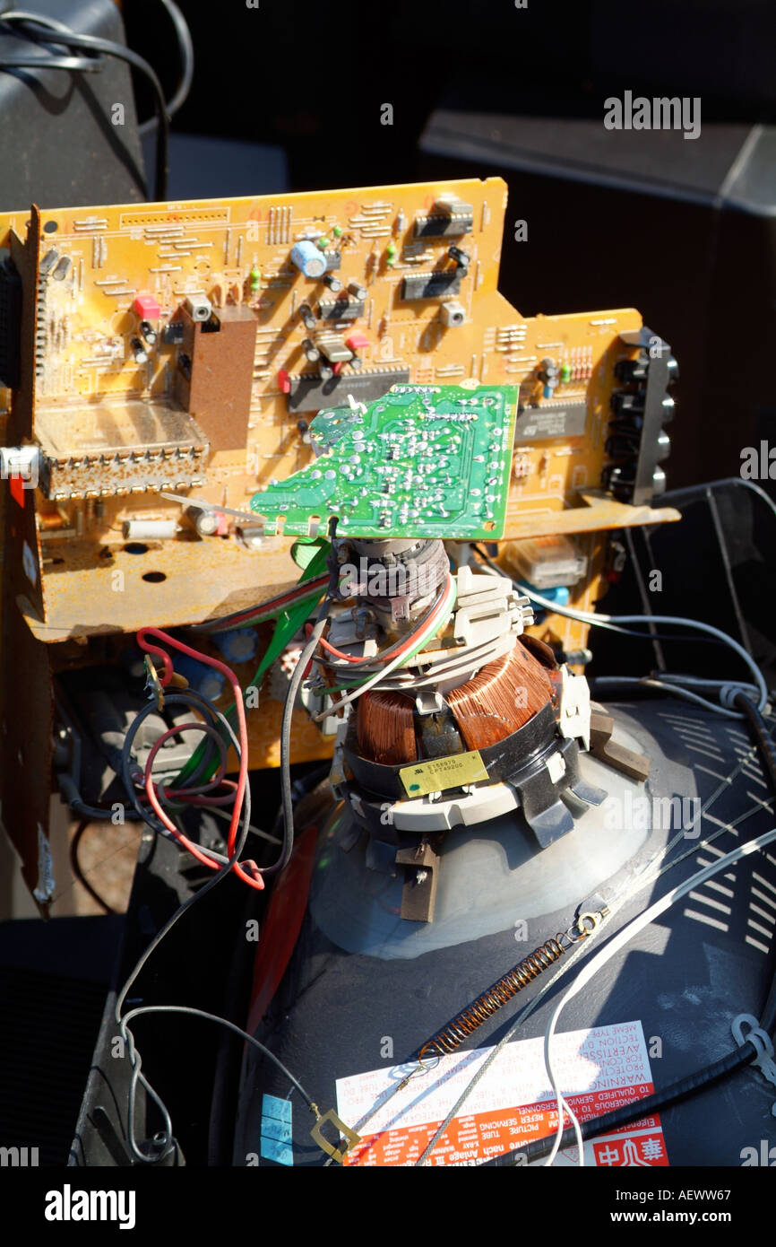 The internal parts of an old television just dumped at the recycling center Stock Photo Alamy