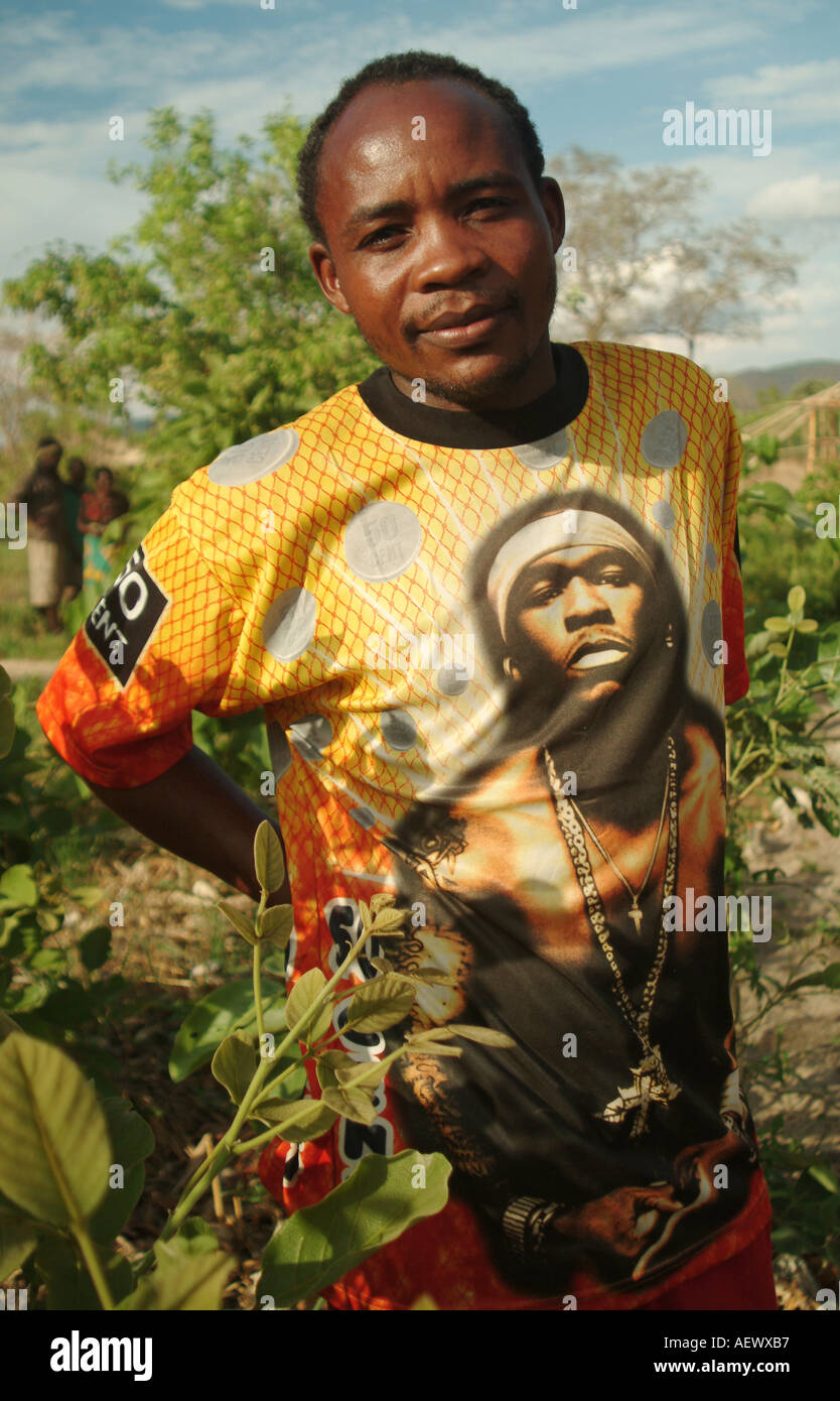 A man wearing a T shirt of American Rapper 50 cent in Mbueca Village, Niassa Province, Mozambique, Africa Stock Photo