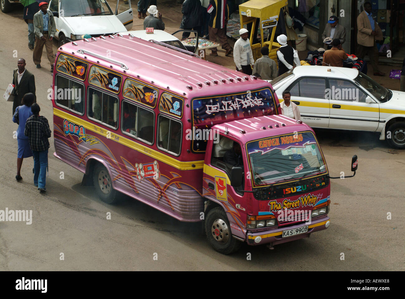 Coaches and buses all decorated differently. Nairobi, Kenya, Africa Stock Photo