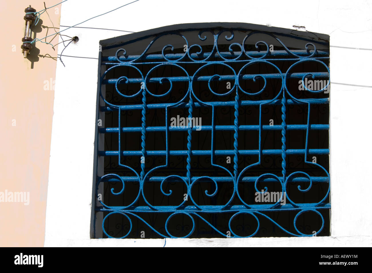 Blue wrought-iron window grille São Luis Maranhão Brazil Stock Photo