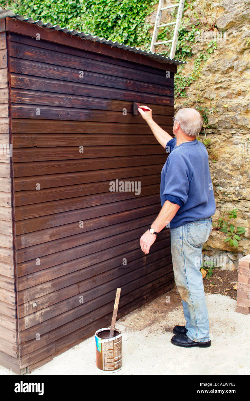 A Senior Male Painting A Shed With Wood Preserver Stock Photo