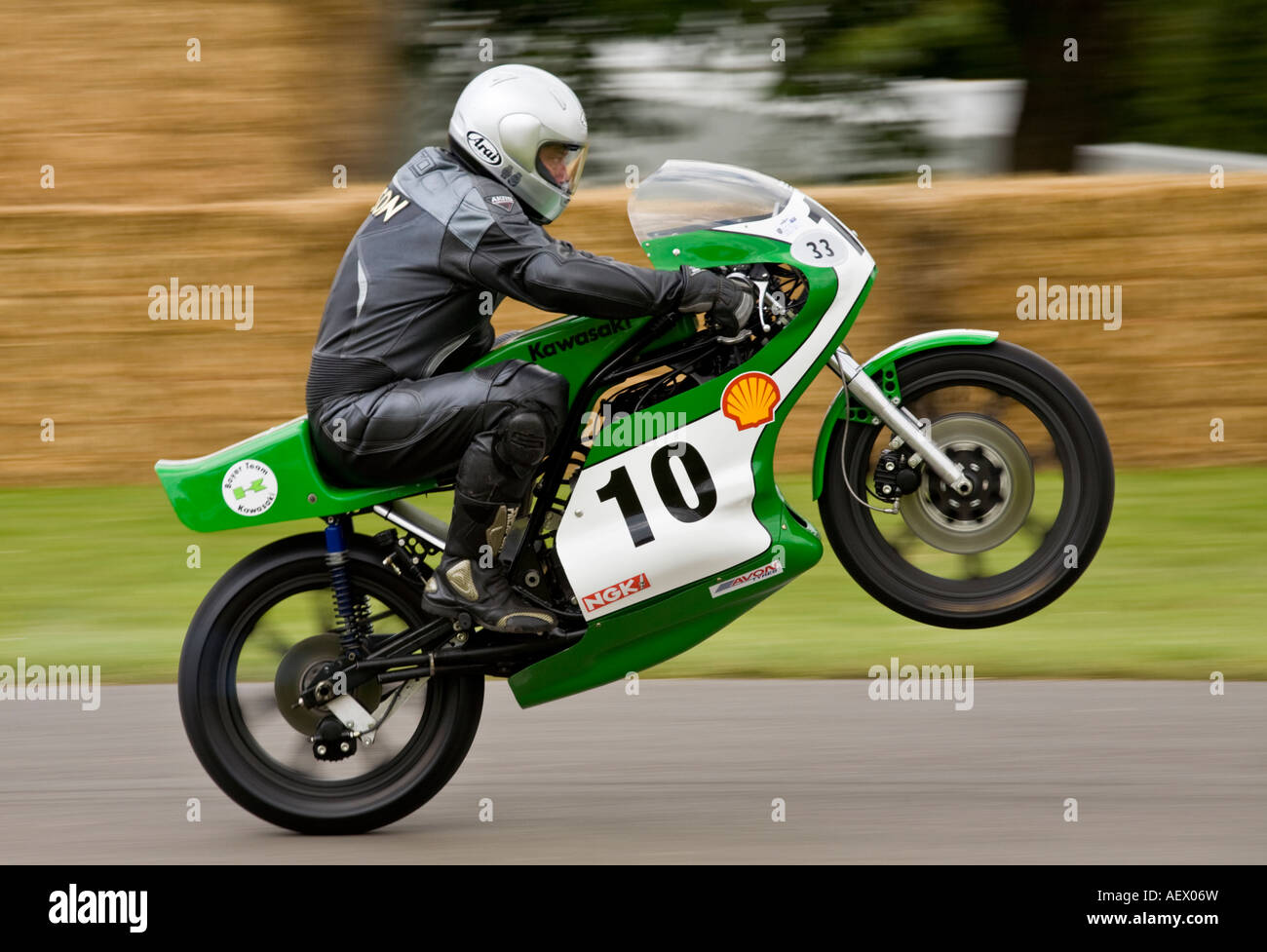 1975 Kawasaki KR750 motorcycle wheelies at Goodwood Festival of Speed,  Sussex, UK Stock Photo - Alamy