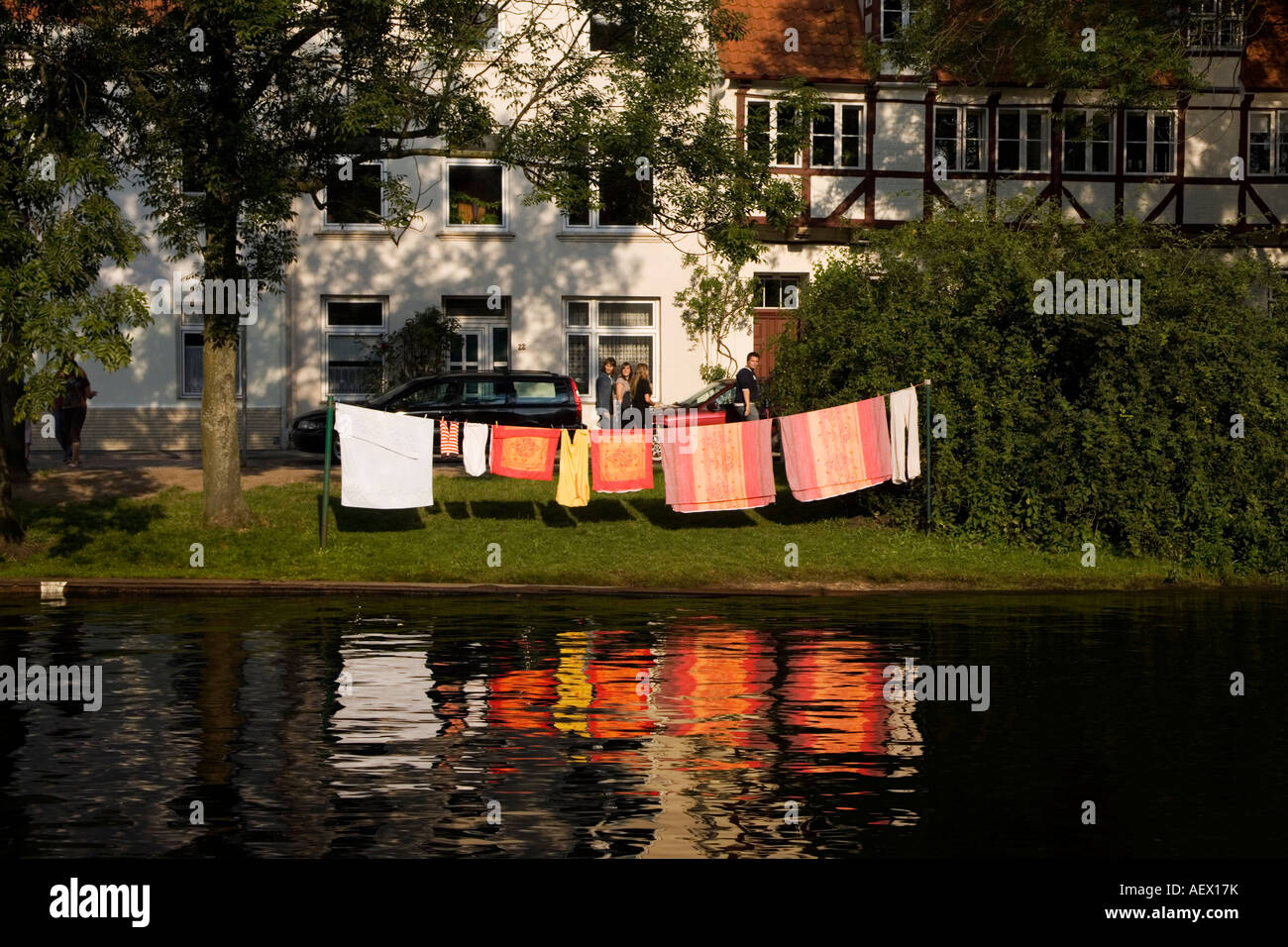Luebeck, Germany, laundry hanging on line by the river Stock Photo