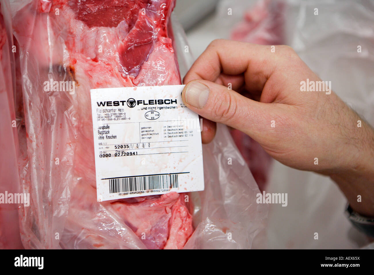 Food quality control Inspector checks in the frozen area in a butcher s shop in a supermarket Stock Photo
