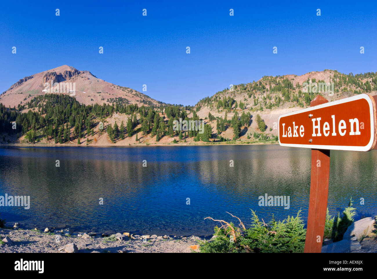 Lake Helen and sign under Lassen Peak Lassen Volcanic National Park