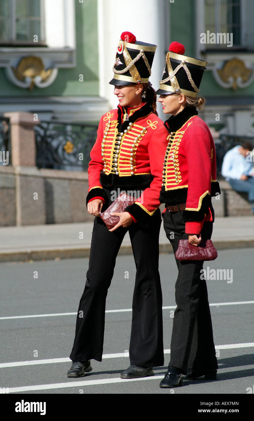 Women soldiers pose in old Russian military uniforms for tourists on Palace Square in St Petersburg Russia Stock Photo