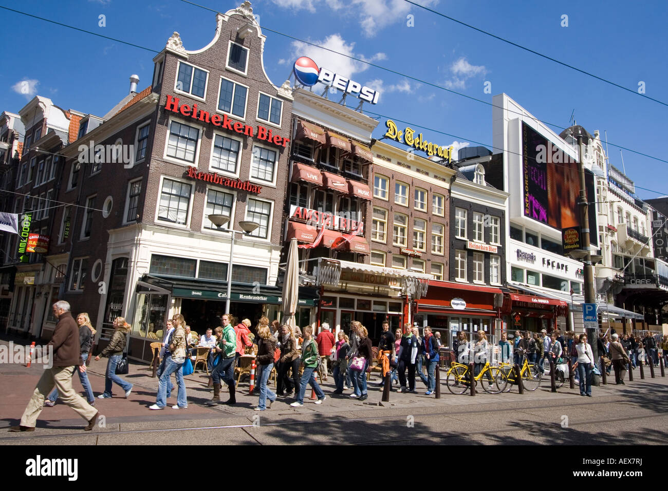 Amsterdam Rembrandtsplein street cafes peole Stock Photo