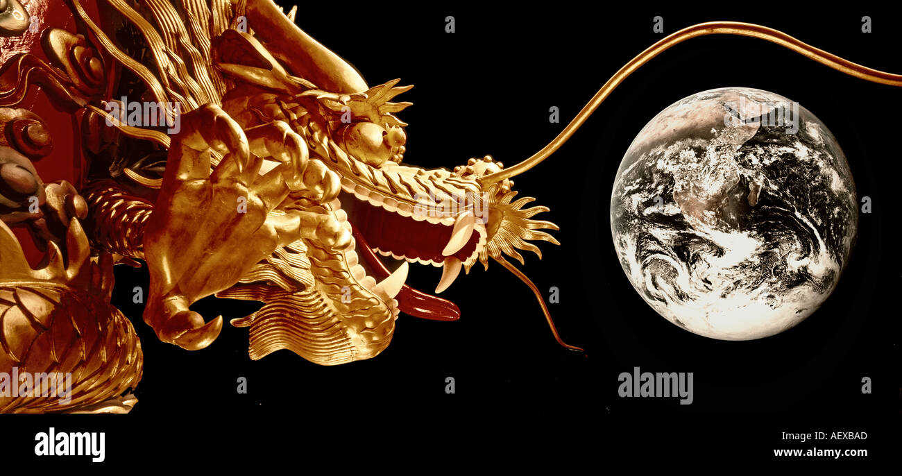 Dragon Collage of Chinese Dragon on floating boat in Hongkong Aberdeen Harbour with earth Nasa picture taken on Apollo 17 Stock Photo