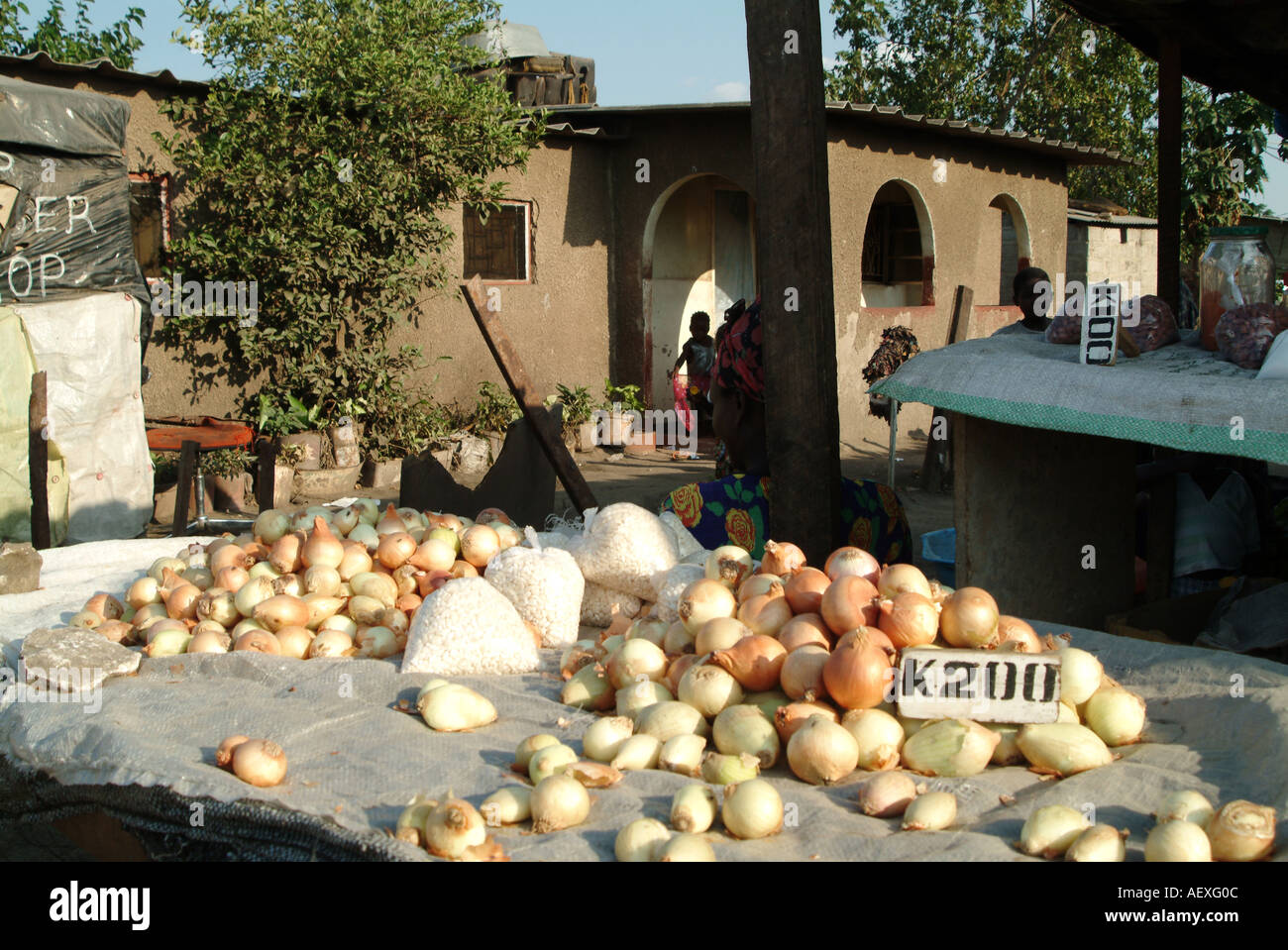 Onions for sale by the side of the road priced in Zambian Kwacha. Lusaka, Zambia, Africa Stock Photo