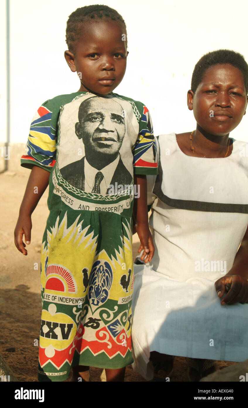 Young child wearing outfit displaying Malawi's former leader Dr Hastings Banda. Likoma Island, Malawi, Africa Stock Photo