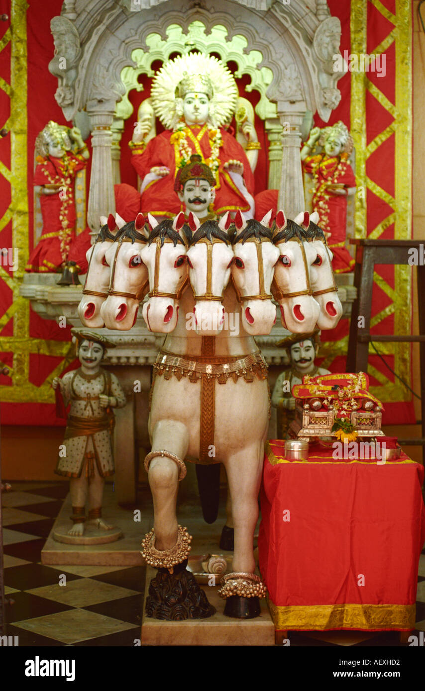 Hindu Sun God on horse chariot Surya Narayana Temple Panjarapole Bhuleshwar Mumbai Maharashtra India Asia Stock Photo