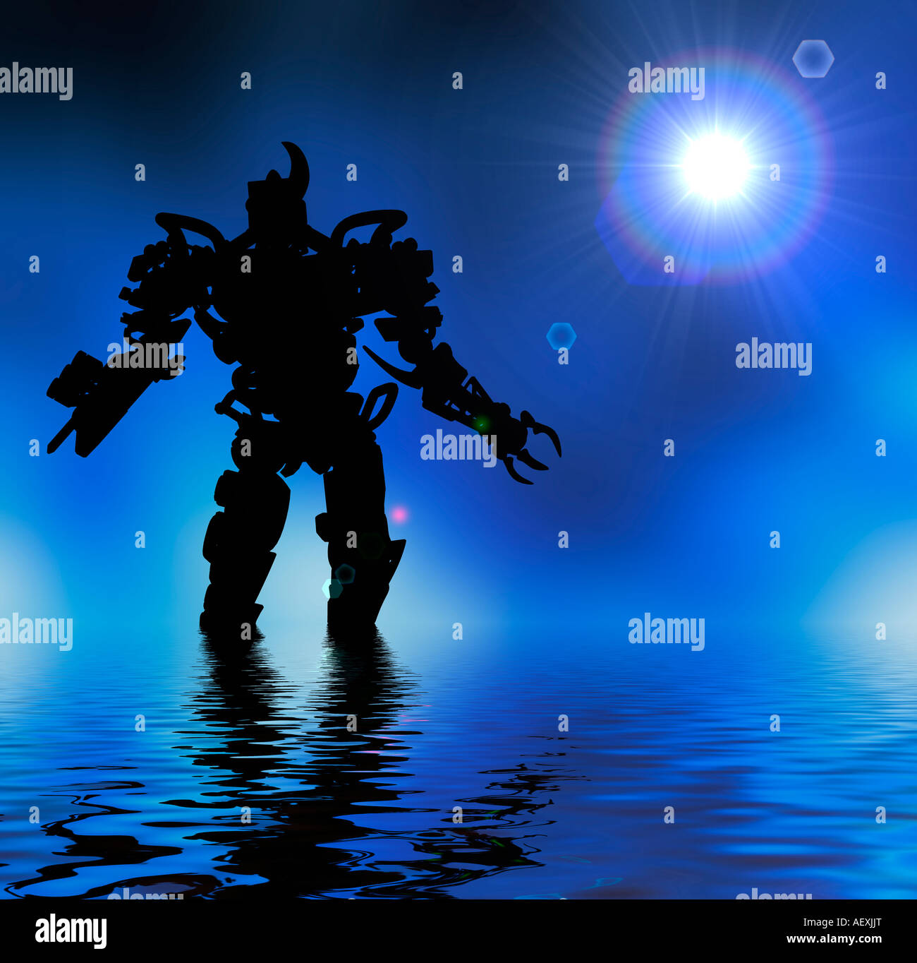 computer generated concept of a futuristic armor clad male robot in a shallow lake Stock Photo
