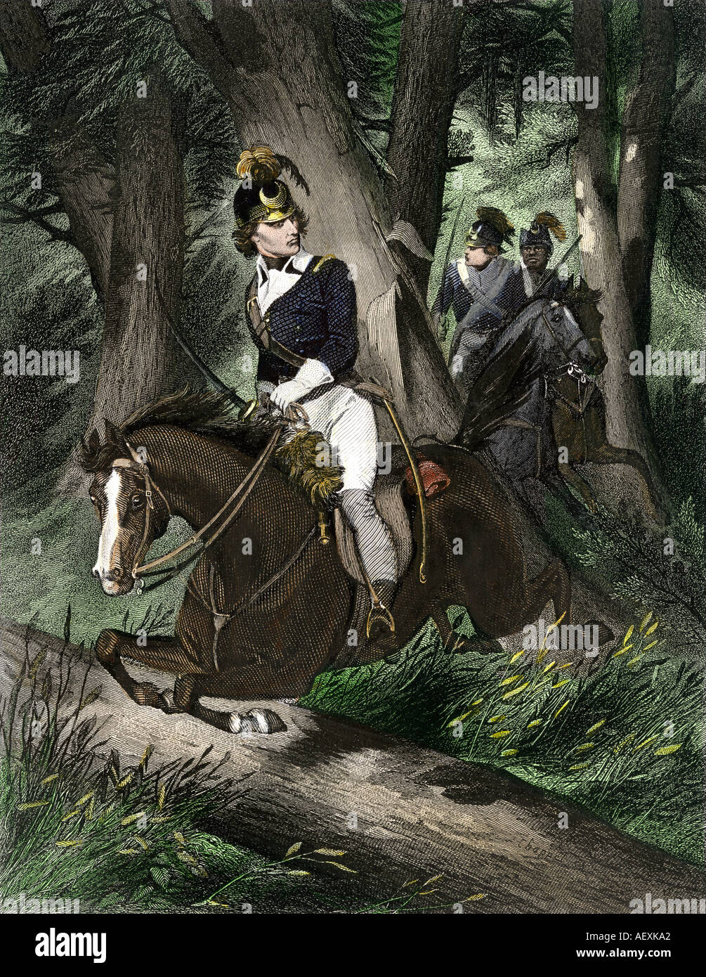 Francis Marion the Swamp Fox riding through a Carolina forest during the Revolutionary War. Hand-colored steel engraving Stock Photo