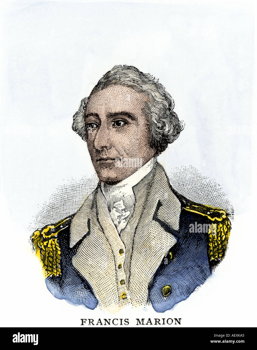 Francis Marion known as the Swamp Fox. Hand-colored woodcut Stock Photo