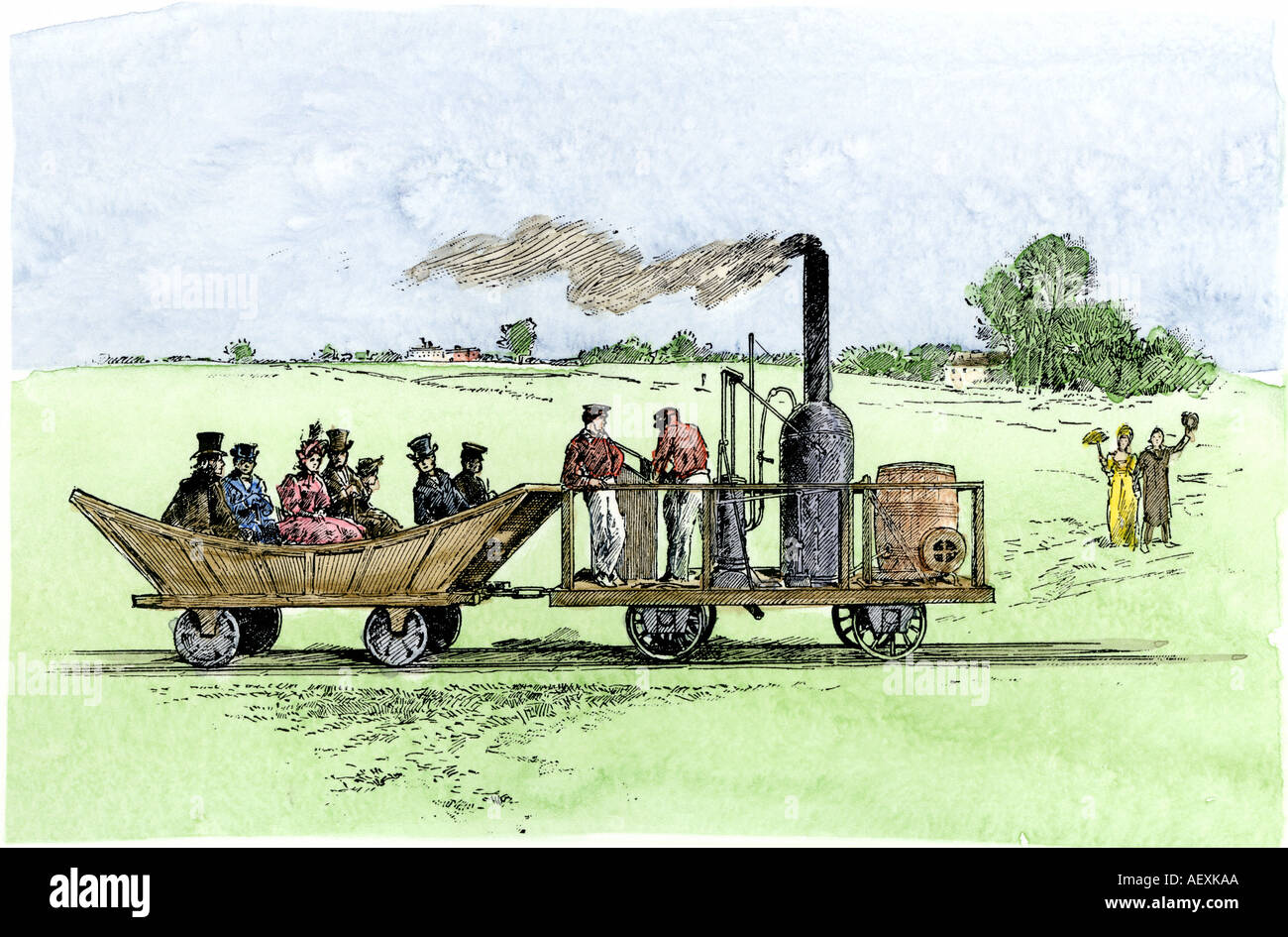 Passenger railcar pulled by Peter Cooper experimental locomotive Tom Thumb on the B and O Railroad 1830. Hand-colored woodcut Stock Photo