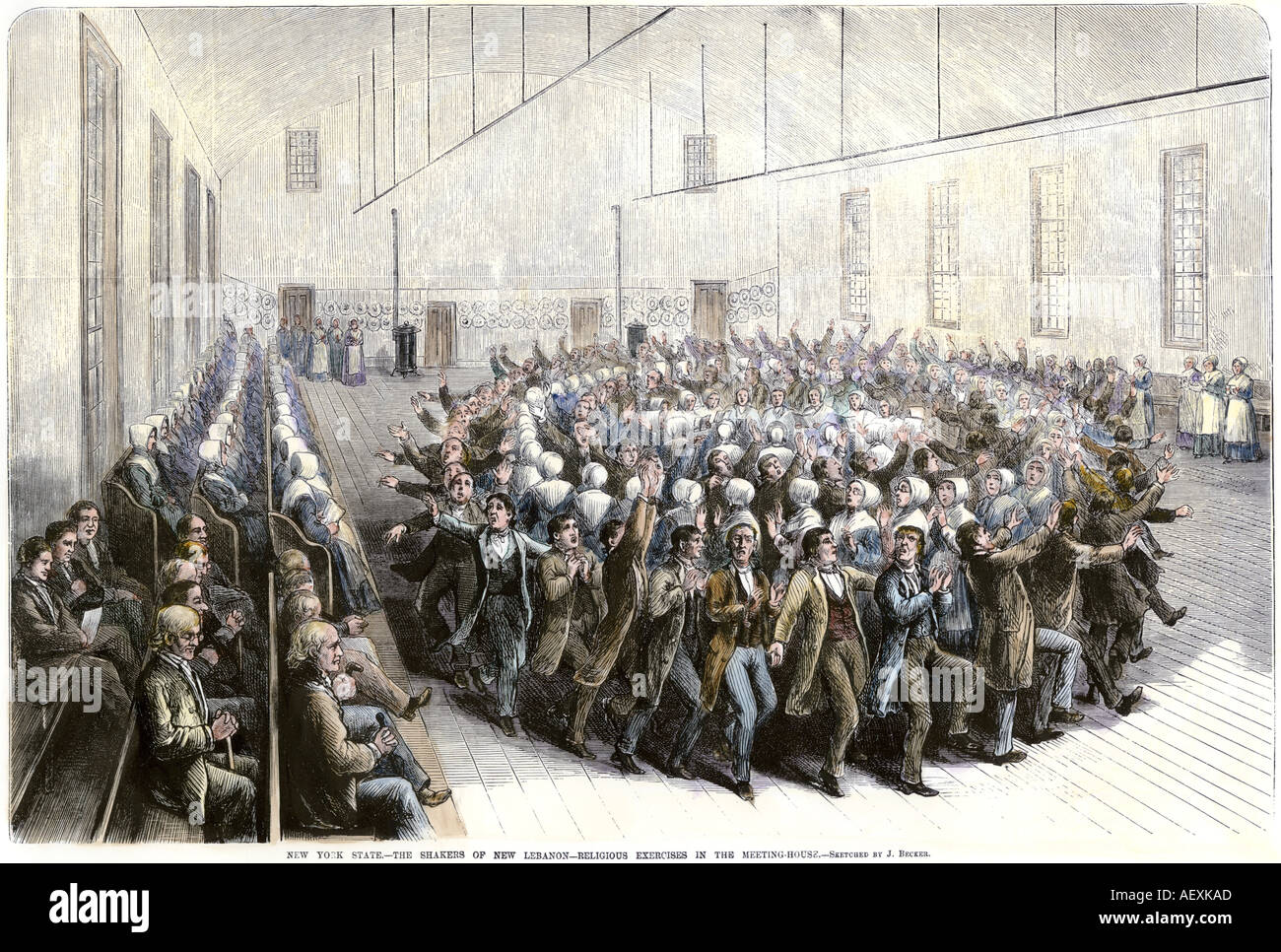 Shaker religious exercises in the meeting house New Lebanon New York 1870s. Hand-colored woodcut Stock Photo