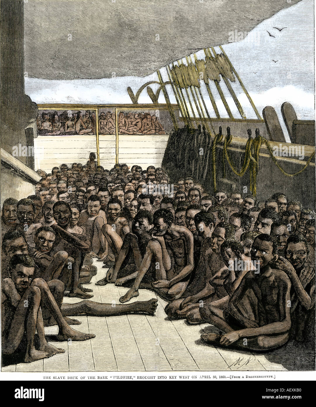 Deck of the captured slave ship Wildfire brought into Key West Florida 1860. Hand-colored woodcut Stock Photo