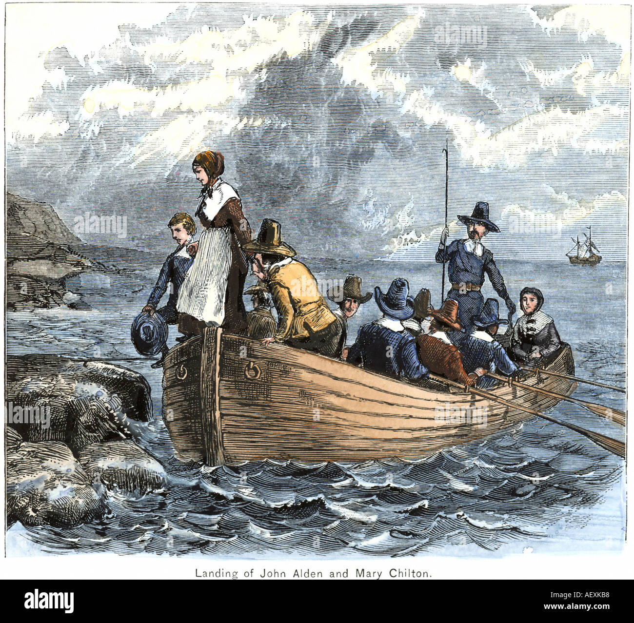 Pilgrims John Alden and Mary Chilton landing at Plymouth from the ship Mayflower 1620. Hand-colored woodcut Stock Photo