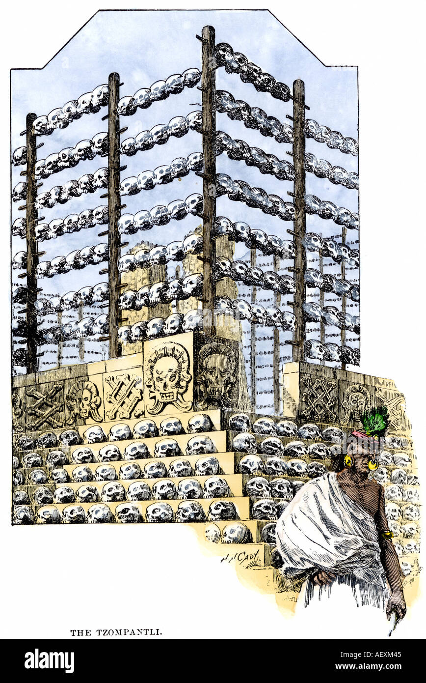 Aztec Tzompantli exhibiting skulls of human sacrifice victims in Tenochtitlan. Hand-colored woodcut Stock Photo