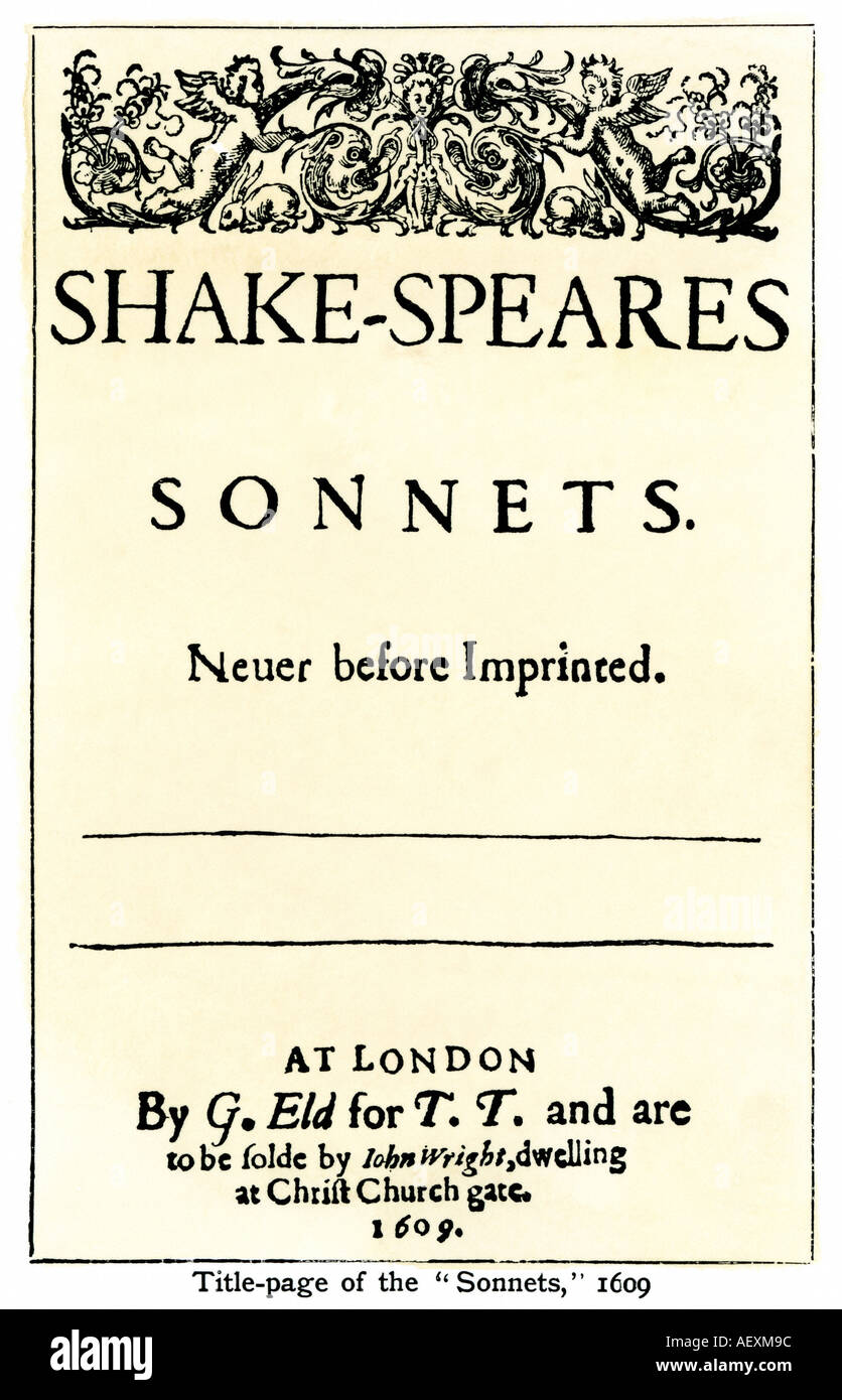 First edition title page of William Shakespeare Sonnets London 1609. Woodcut with a watercolor wash Stock Photo