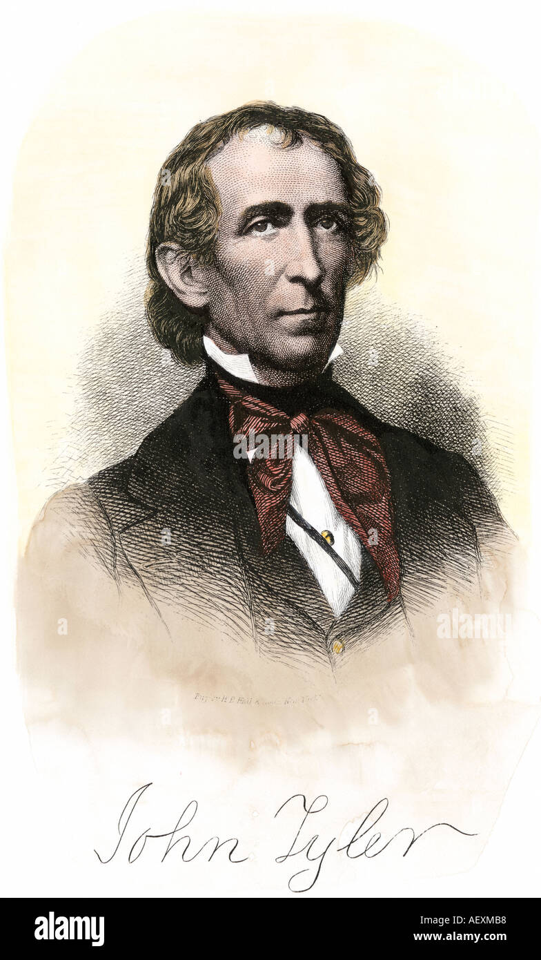 US President John Tyler with autograph. Hand-colored woodcut Stock Photo