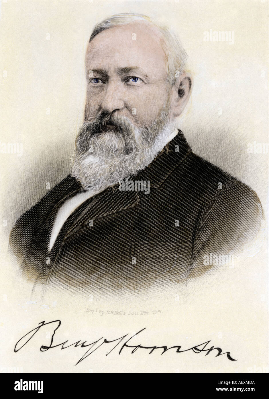 President Benjamin Harrison with autograph. Hand-colored steel engraving Stock Photo