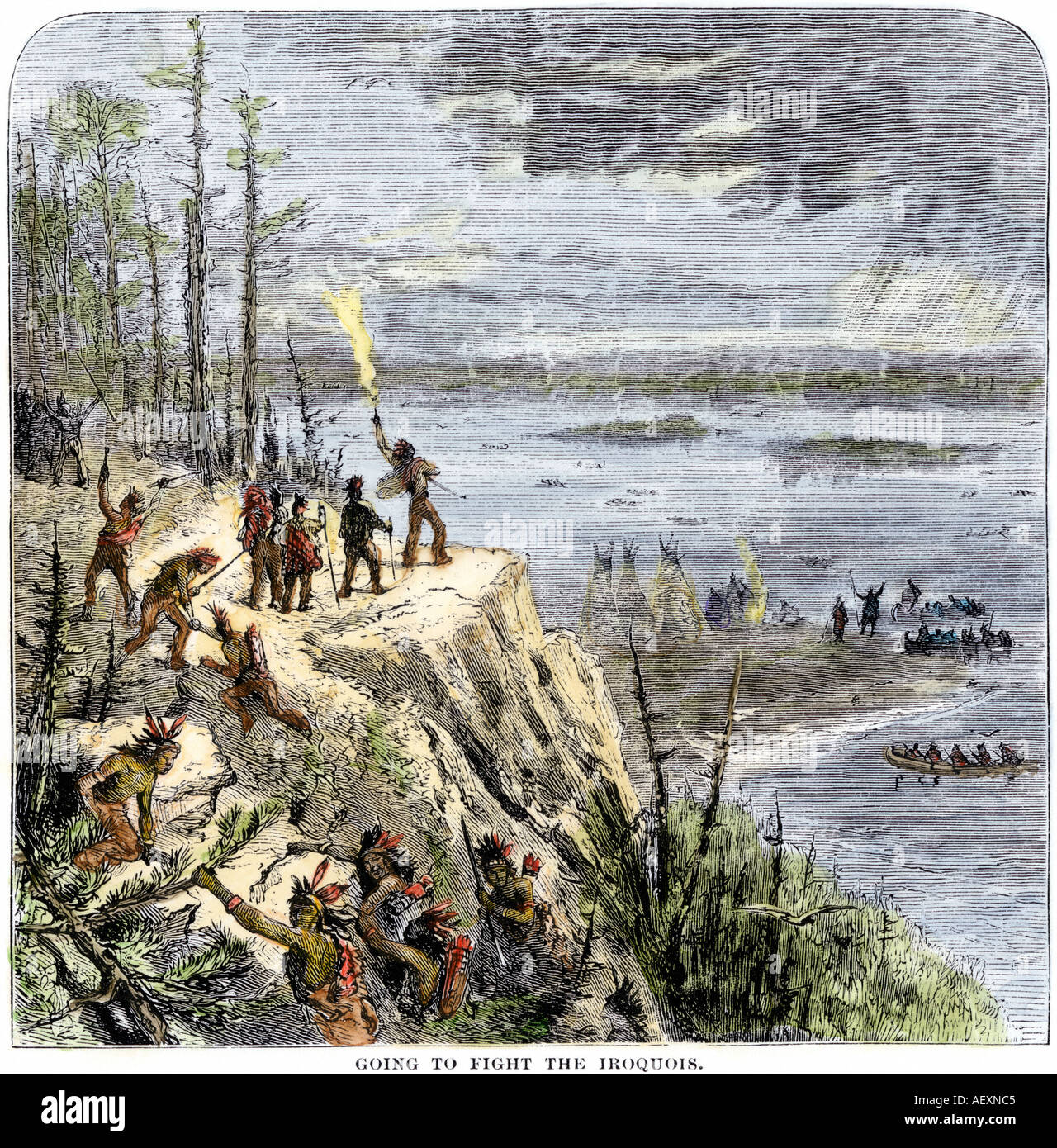 Samuel de Champlain and his Huron allies going to fight the Iroquois near Lake Champlain 1600s. Hand-colored woodcut Stock Photo