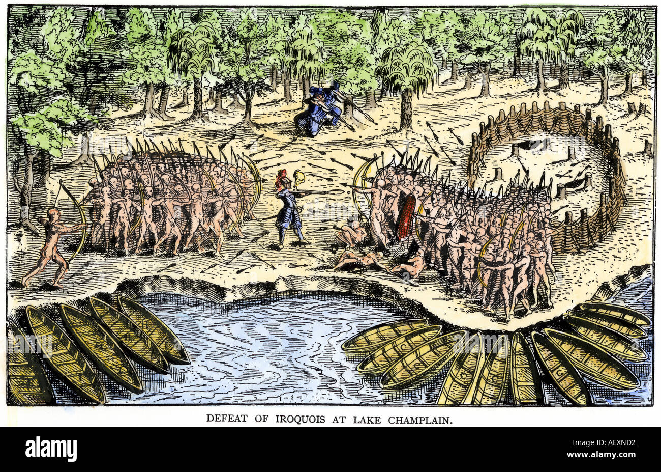 Samuel de Champlain defeats the Iroquois at Lake Champlain opening the settlement of New France 1600s. Hand-colored woodcut Stock Photo